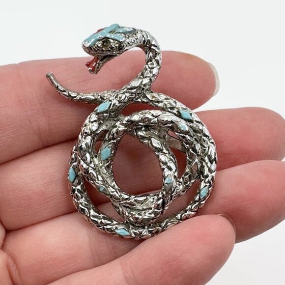 Snake Brooch, Enameled, Silver Tone, Blue, Vintage, 1 3/4" Long, Serpent - Picture 2 of 4